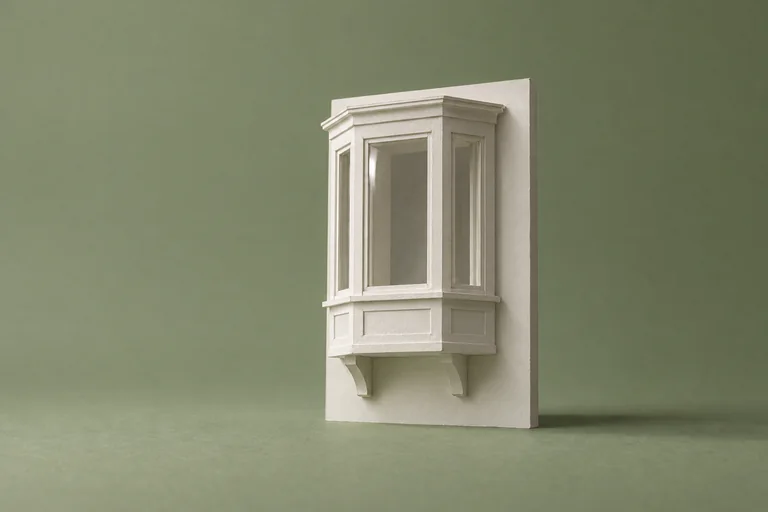 An architect's white paper model of a bay window on a sage green backdrop