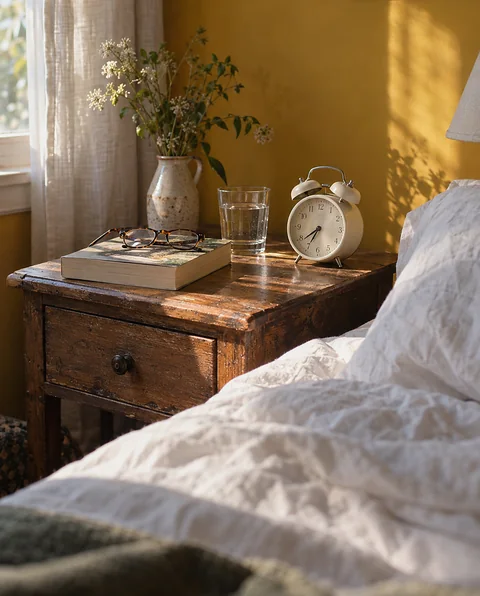 A cream twin-bell alarm clock, a glass of water and a paperback on a bedside table against a mustard yellow wall