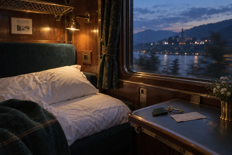 A made-up berth in a teal sleeper compartment at dusk, with a brass key and a ticket on the table by the window