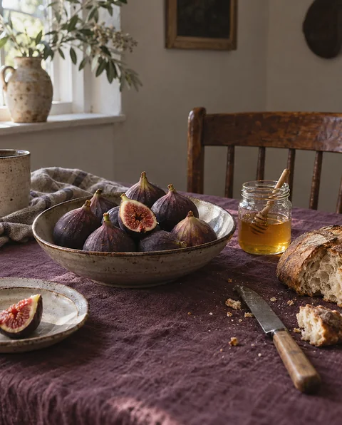 A bowl of ripe purple figs, one torn open, with honey and bread on a plum linen tablecloth