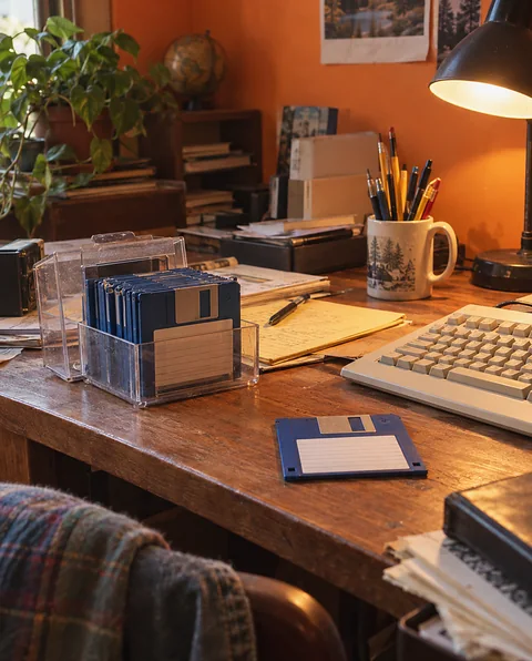 A box of blue floppy disks beside a beige keyboard on a busy desk against an orange wall