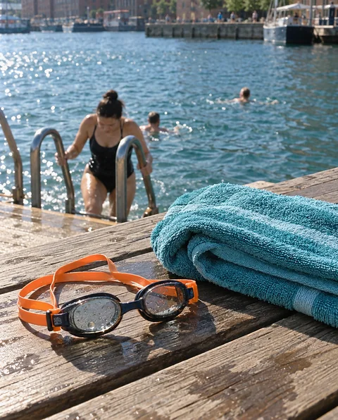 Orange-strapped swimming goggles and an aqua towel on a harbour bathing deck, with swimmers in the water behind