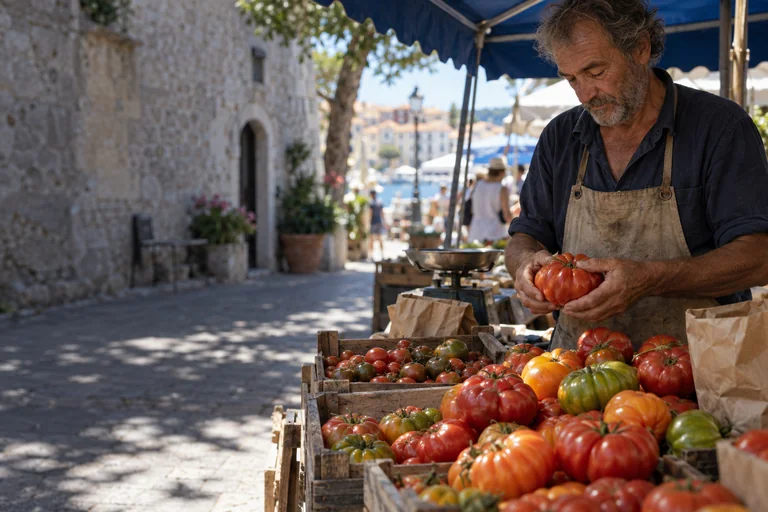 A stallholder lifting a ribbed red heirloom tomato from crates of tomatoes under a blue market awning