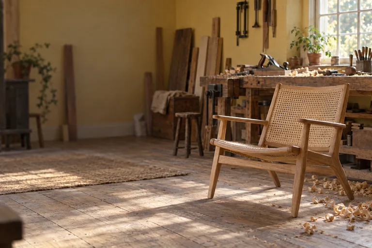 A pale oak lounge chair with a woven cane seat in a sunlit workshop scattered with wood shavings
