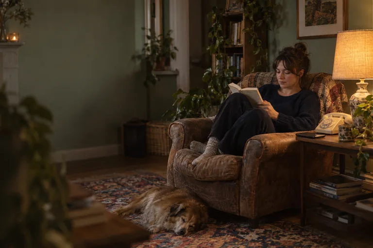 A woman reading in an armchair in a sage green living room, a cream rotary telephone on the table beside her