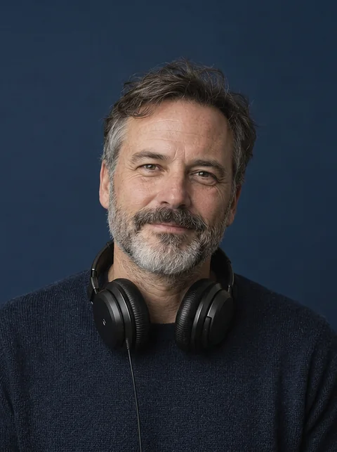 Ben Archer, a man in his forties with a grey beard and headphones around his neck, on navy