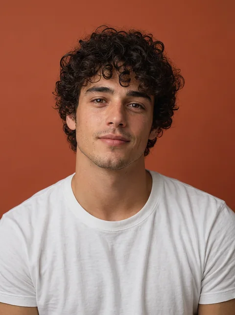 Jonah Reyes, a man in his twenties with curly dark hair, on terracotta
