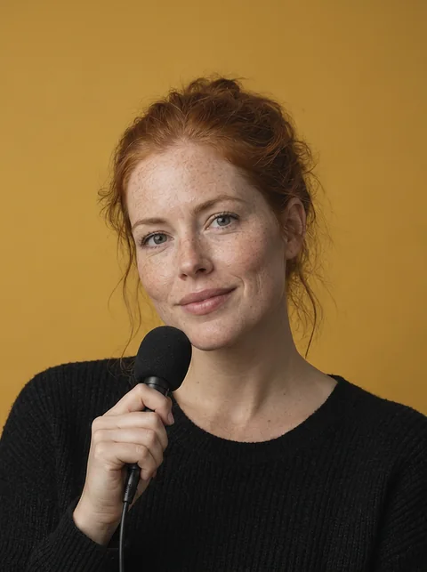 Niamh Cole, a woman with red hair holding a small microphone, on mustard