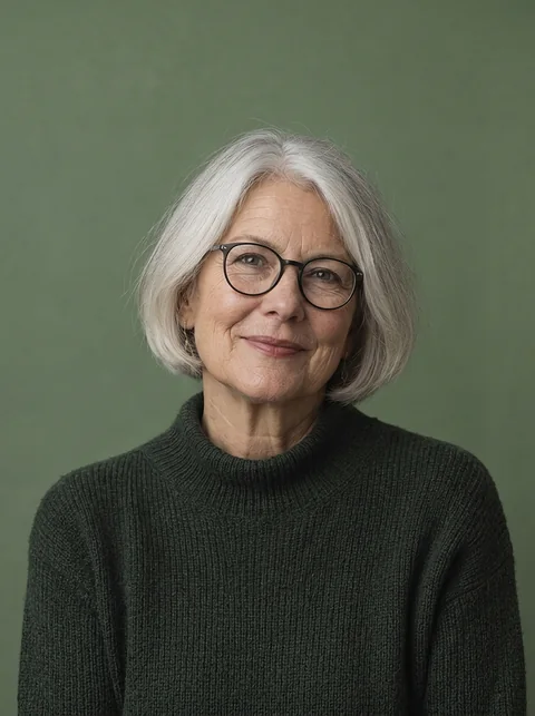 Ruth Linden, a woman in her sixties with a silver bob and round glasses, on sage