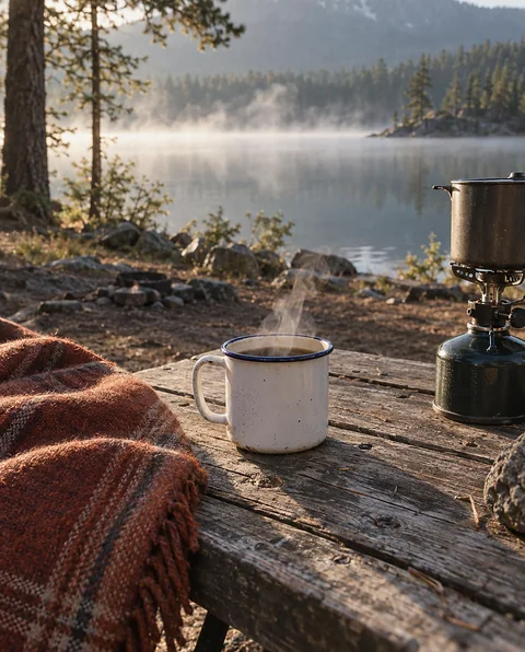 A steaming white enamel mug with a navy rim on a picnic table beside a misty lake at dawn