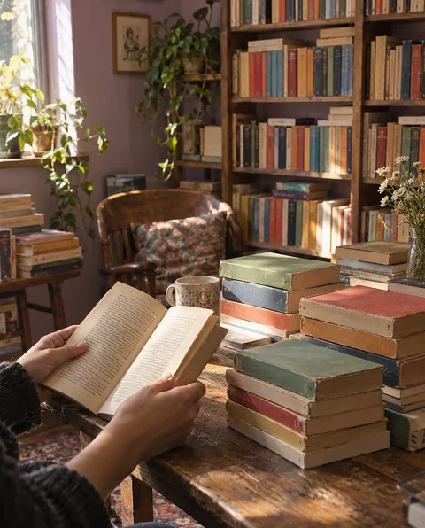 A reader holding an open paperback beside stacks of worn paperbacks in a lilac-walled bookshop