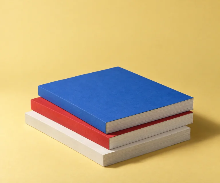 Three copies of Oriel with plain cobalt, tomato and off-white covers stacked on a butter yellow backdrop